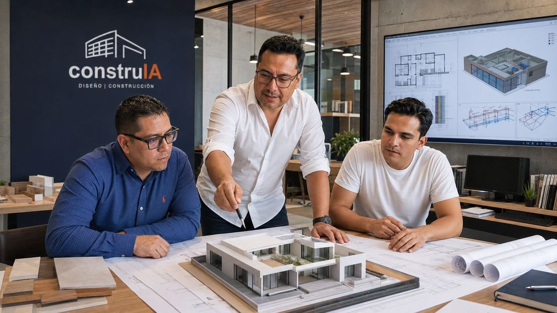 Equipo de construIA revisando planos y maqueta en la oficina